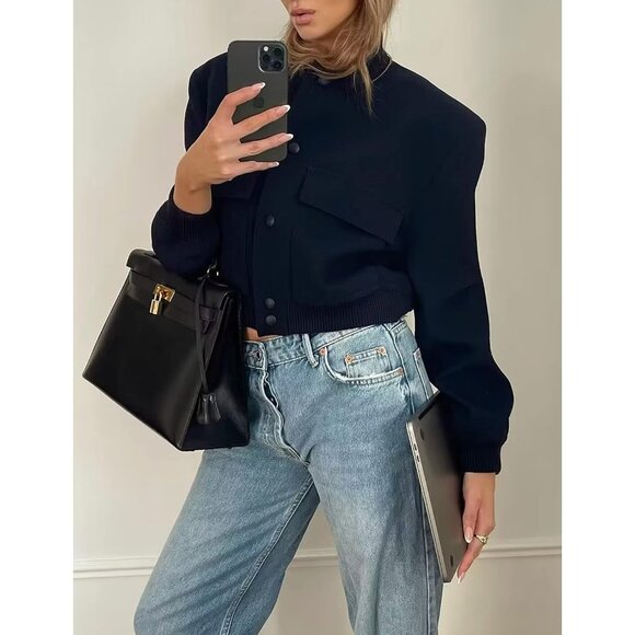 Women Dark blue Cropped Bomber Jacket Button Down Varsity Shacket with Pockets - Picture 4 of 5